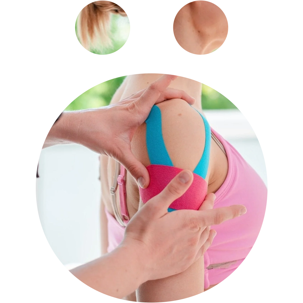 Close-up of kinesiology tape applied by a physiotherapist at Snö Clinics Abu Dhabi during muscle recovery treatment - Snö Clinics | Abu Dhabi Close-up of kinesiology tape applied by a physiotherapist at Snö Clinics Abu Dhabi during muscle recovery treatment.